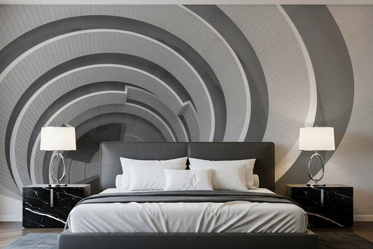 Infinite geometry wall mural with monochrome curves in a bedroom.