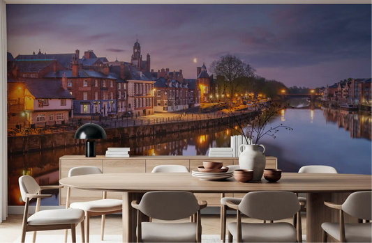 Dusk glow cityscape wall mural as a focal point in a dining room.