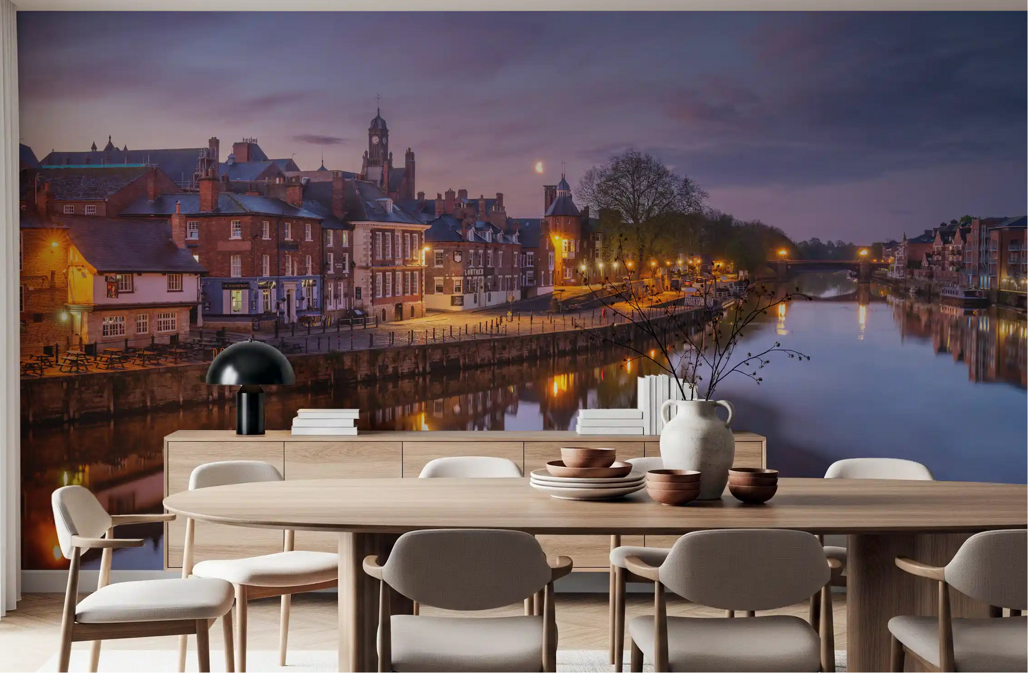 Dusk glow cityscape wall mural as a focal point in a dining room., GD10490