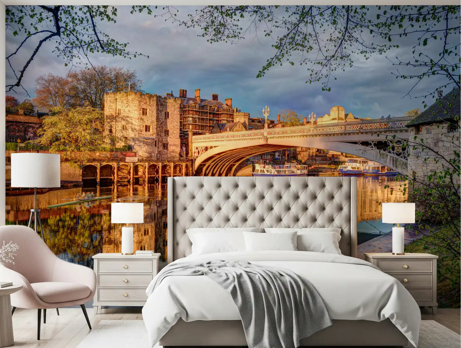 Golden river reflection cityscape wall mural featured in a bedroom setting., GD10491