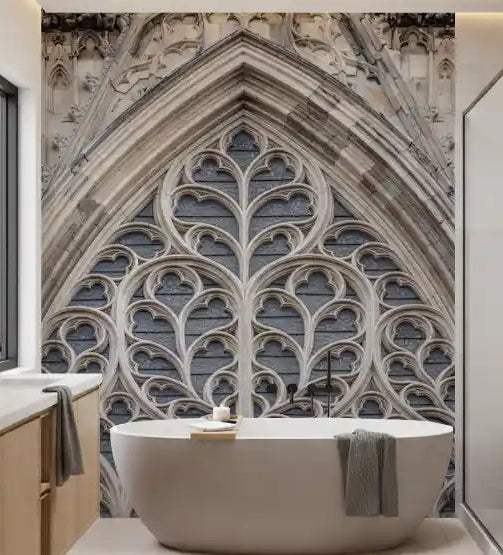 Gothic window tracery wall mural complementing a bathrom interior, GD10492