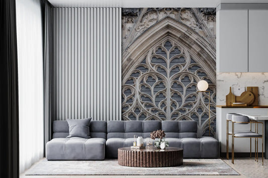Gothic grandeur window wall mural as a feature in a living room space.