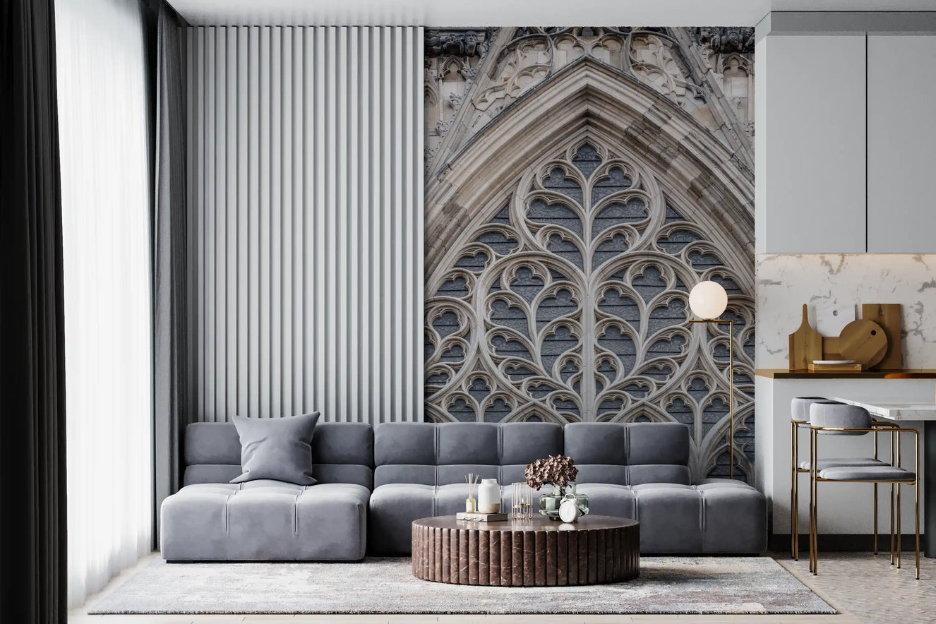 Gothic grandeur window wall mural as a feature in a living room space.