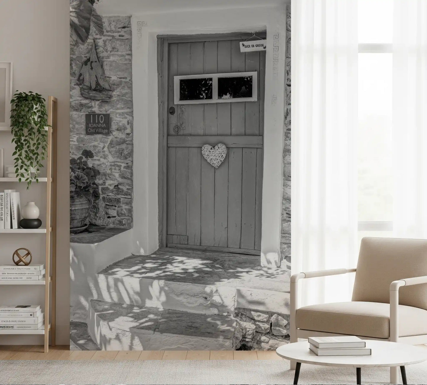 Stone-built walls framing a rustic doorway in village wall mural., GD10494