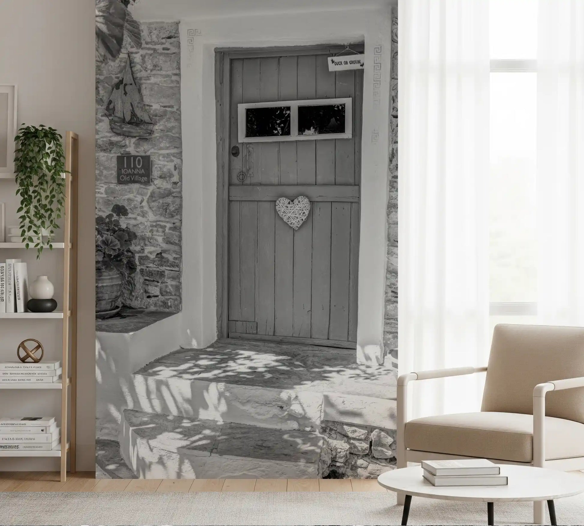 Stone-built walls framing a rustic doorway in village wall mural., GD10494