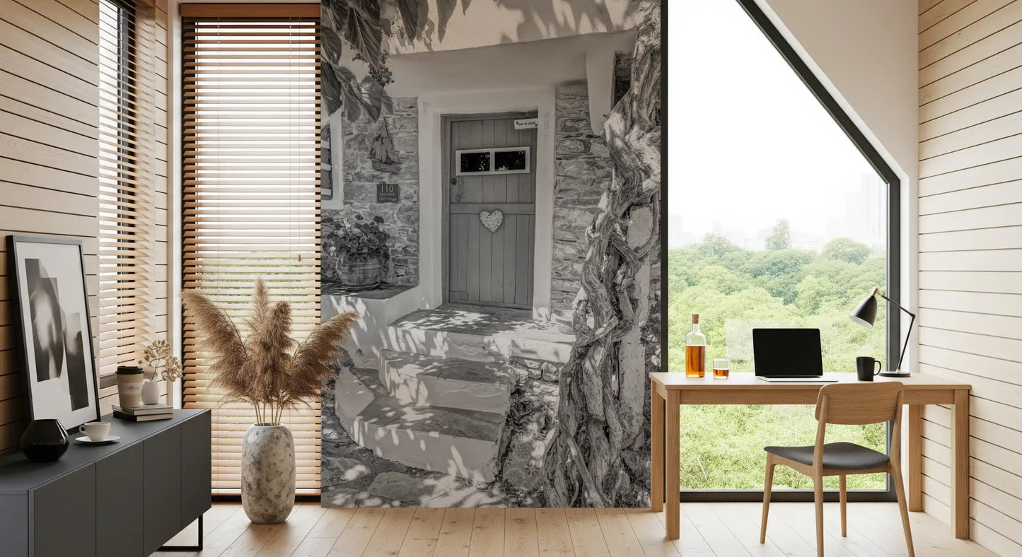 Village entry mural with wooden door with heart motif and small window pane., GD10494
