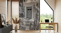 Village entry mural with wooden door with heart motif and small window pane., GD10494