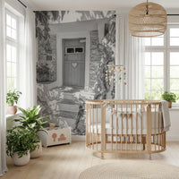 White plastered porch above rustic wooden door in village entry wall mural., GD10494