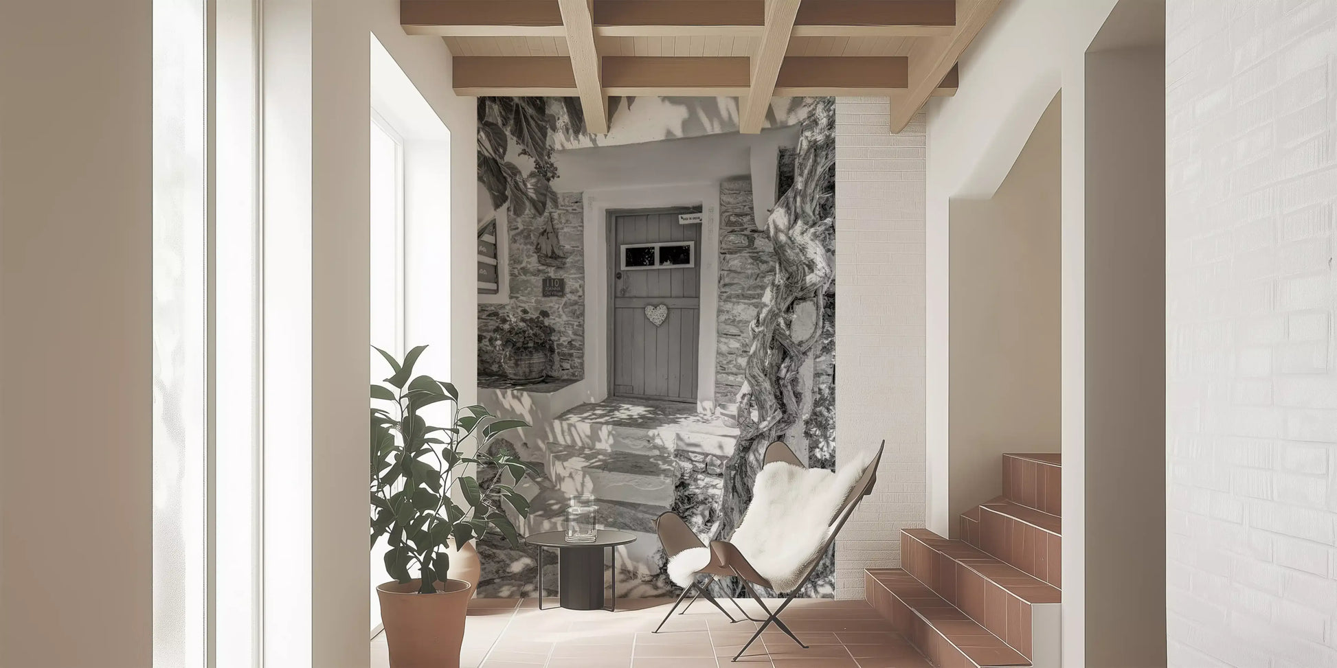 Heartfelt village entry wall mural with Potted plant beside stone steps., GD10494