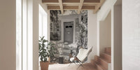Heartfelt village entry wall mural with Potted plant beside stone steps., GD10494