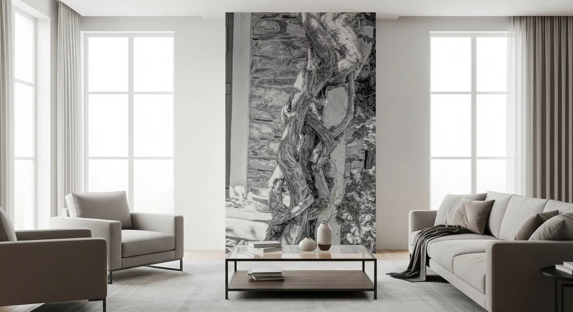 Gnarled twisted tree trunk beside the doorway in village entry wall mural., GD10494