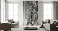 Gnarled twisted tree trunk beside the doorway in village entry wall mural., GD10494