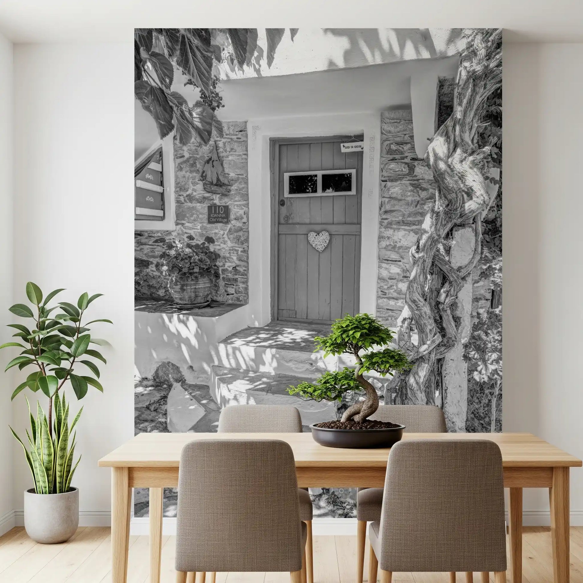 Heartfelt village entry wall mural with monochrome cottage door and heart ornament., GD10494