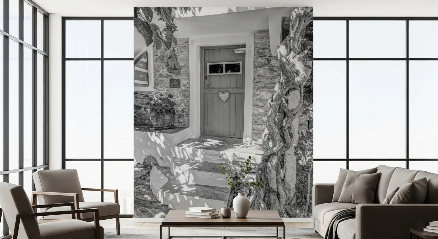 Heartfelt entry mural with Vine leaves and dappled shadows across the scene., GD10494