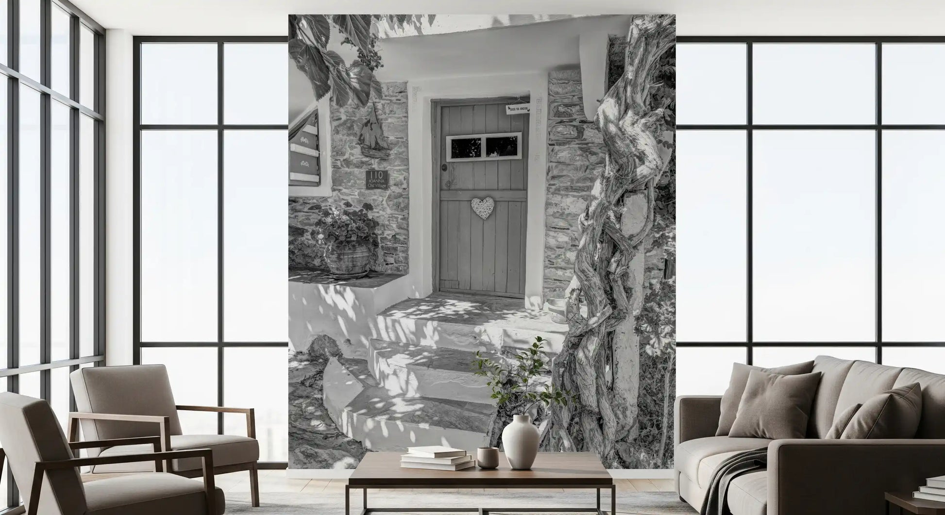 Heartfelt entry mural with Vine leaves and dappled shadows across the scene., GD10494
