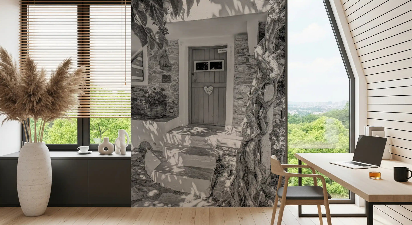 Heartfelt village entry mural with Stone steps leading to cottage entrance., GD10494