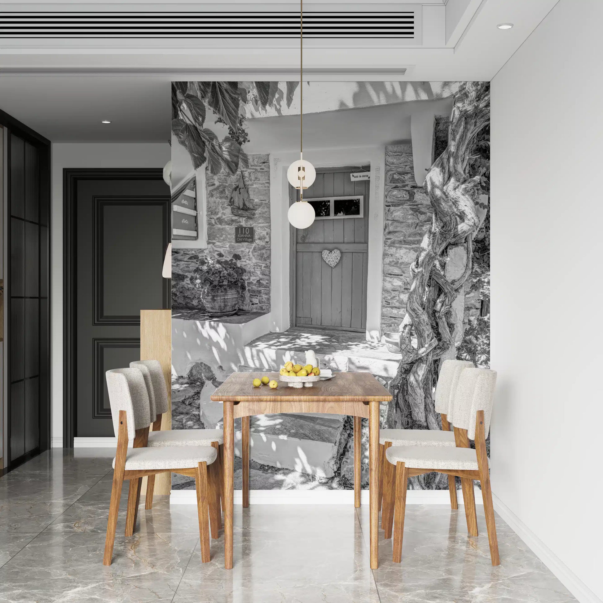 Heartfelt village entry wall mural creating a focal point in a dining room., GD10494