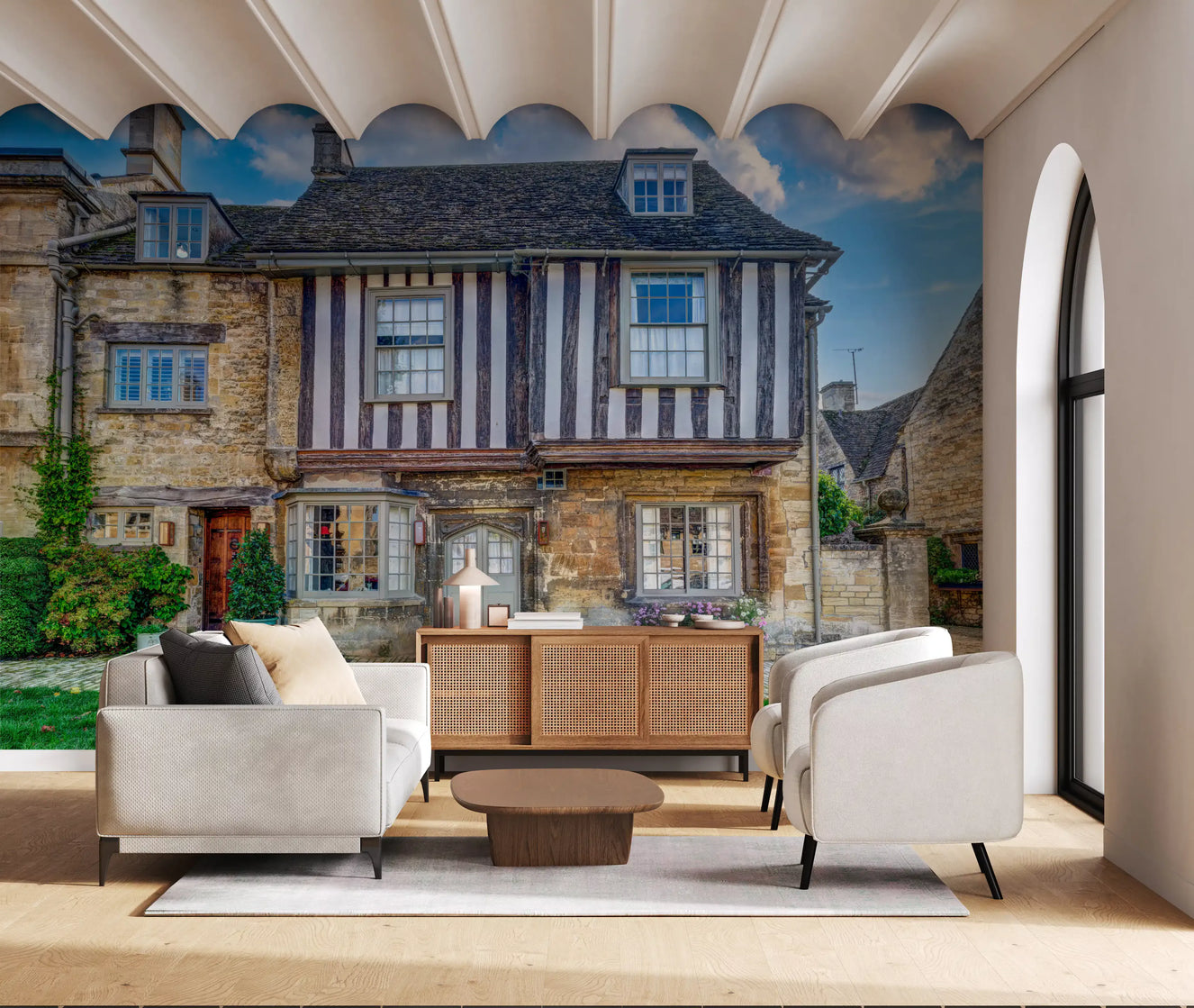 Cotswold charm cottage wall mural with Manicured green lawn in foreground.