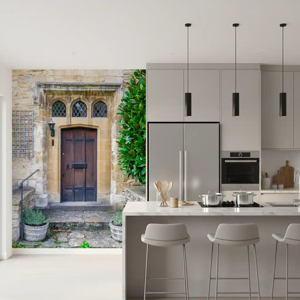 Timeless stone archway mural with Weathered mortar joints and aged stone surface.