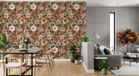 Earthy Medley Wallpaper with watercolour roses on brown background., GD10510