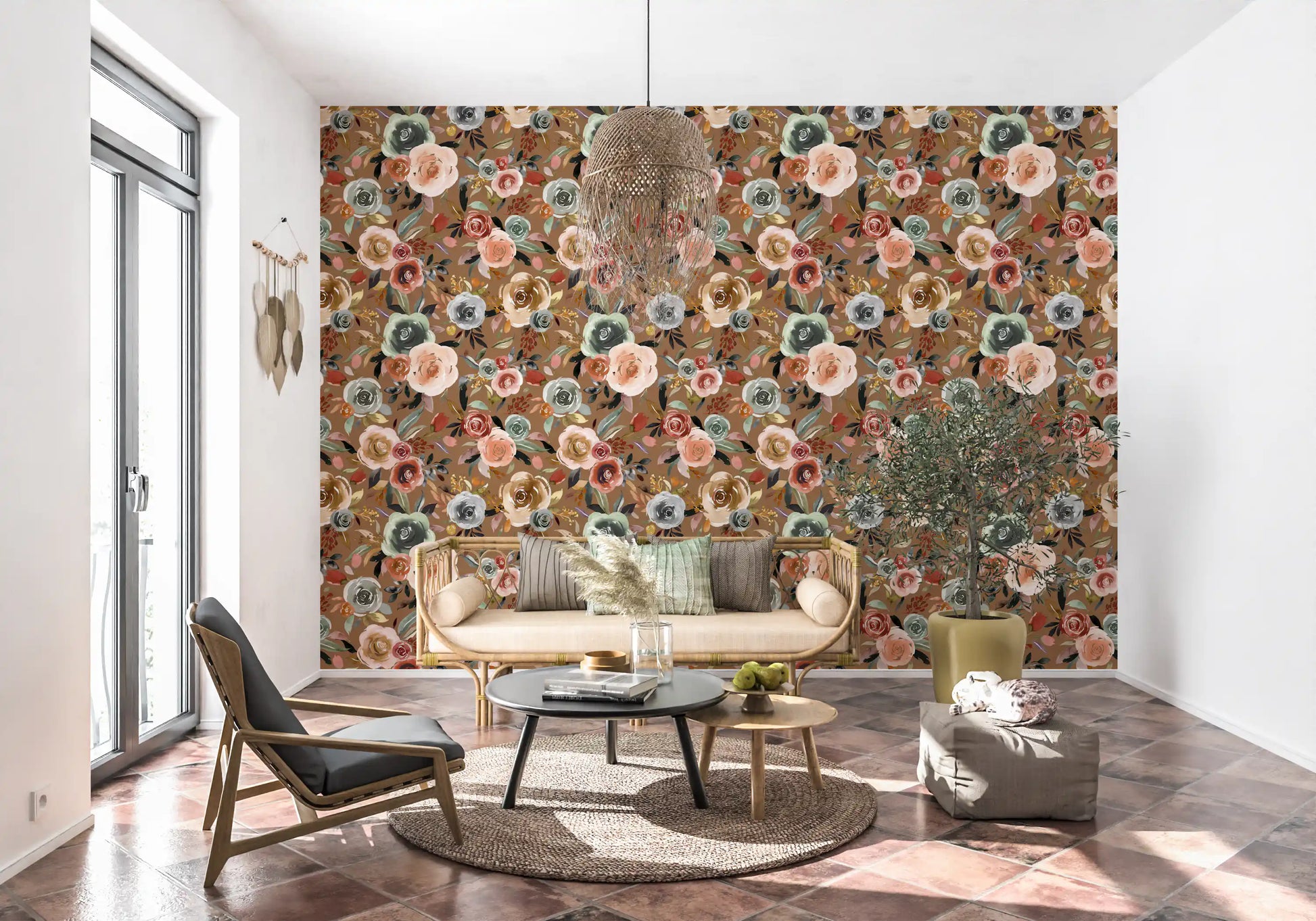 Blush and sage green roses in the Earthy Bloom wallpaper., GD10510