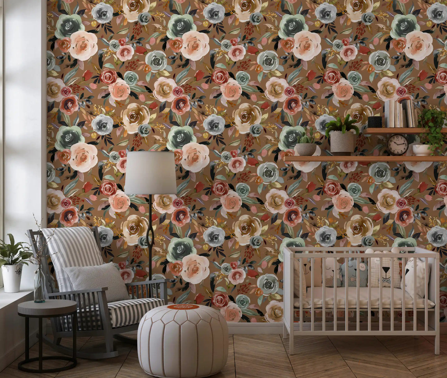Earthy Bloom Medley Wallpaper adding warmth to a nursery wall., GD10510