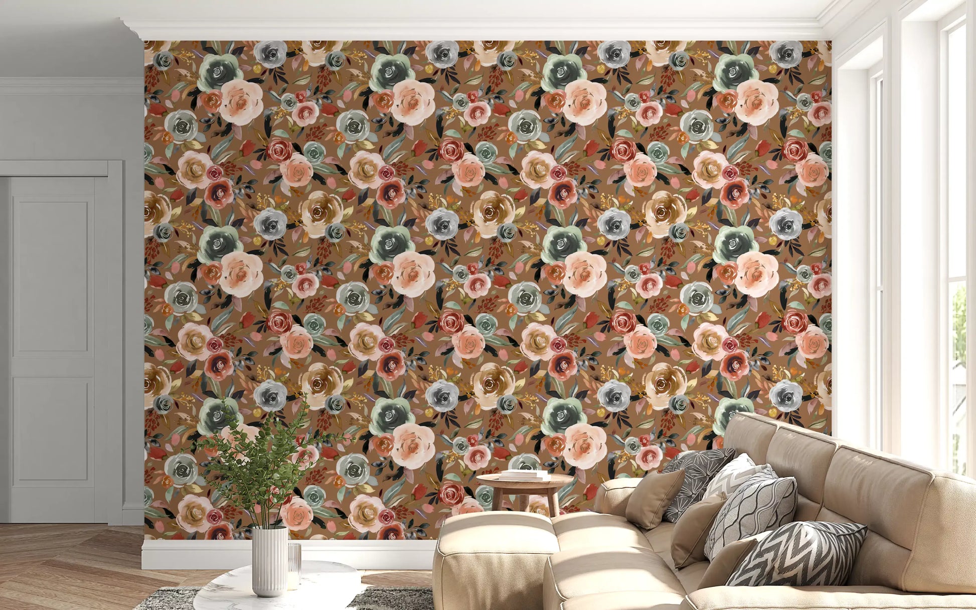 Warm brown wallpaper with multi-toned watercolour floral clusters., GD10510