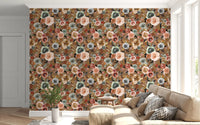 Warm brown wallpaper with multi-toned watercolour floral clusters., GD10510