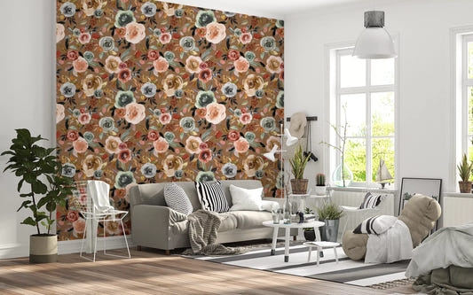 Peach and grey roses in the Earthy Bloom Medley Wallpaper.
