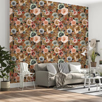 Peach and grey roses in the Earthy Bloom Medley Wallpaper., GD10510