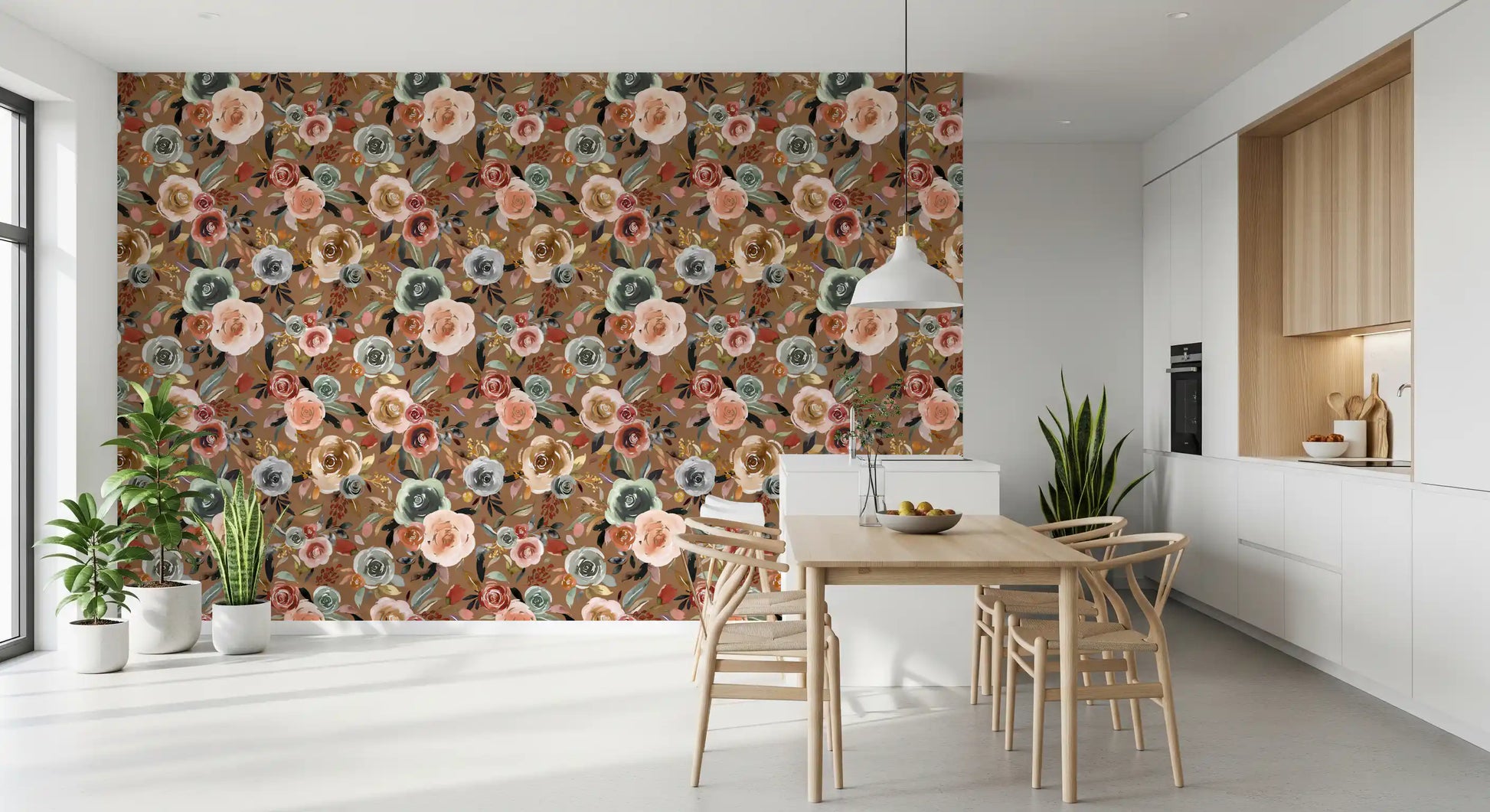 Layered floral clusters wallpaper with gold and navy leaves on brown ground., GD10510