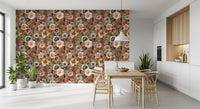 Layered floral clusters wallpaper with gold and navy leaves on brown ground., GD10510