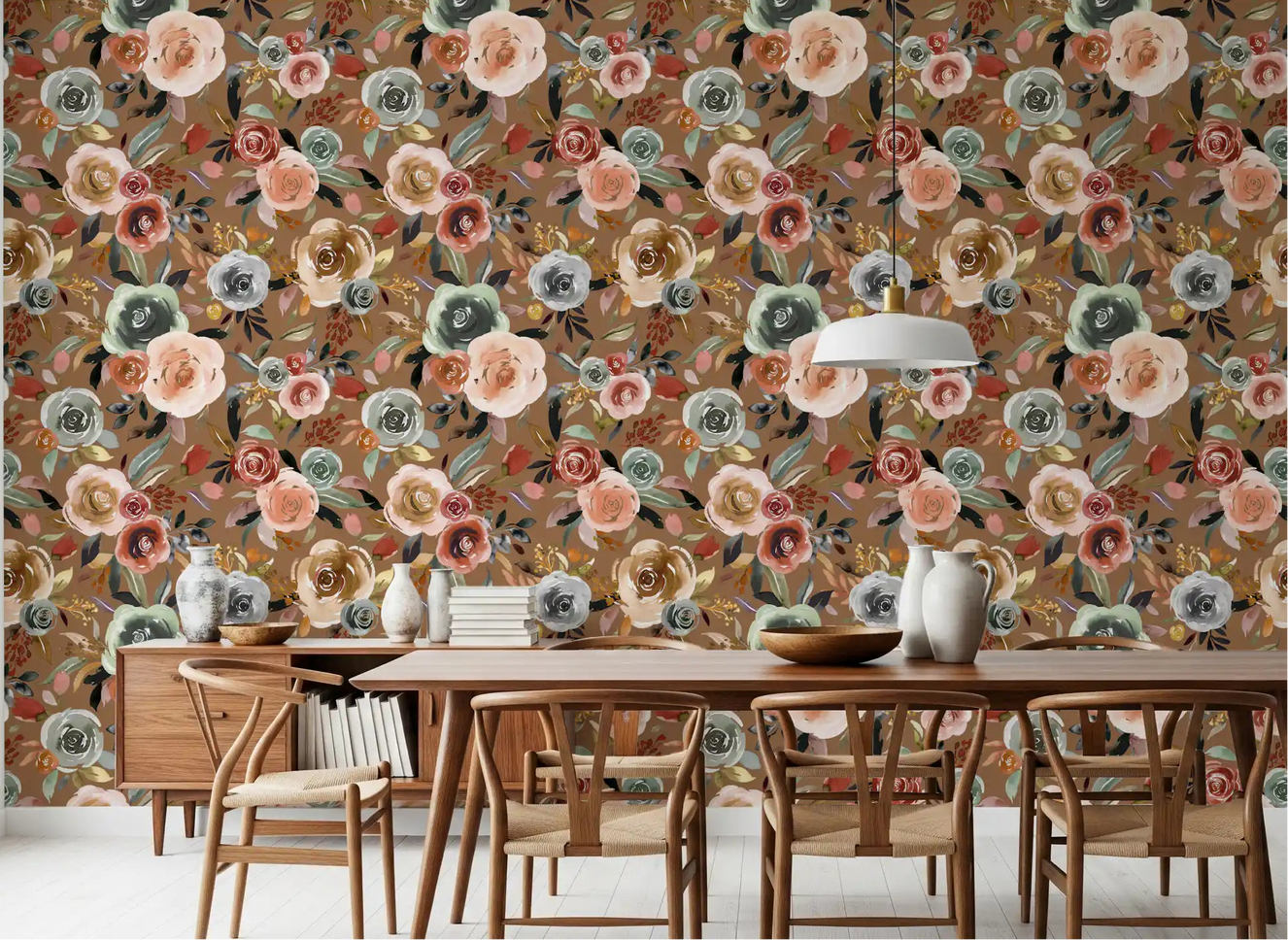 Dining room accent wall featuring the Earthy Bloom Medley pattern