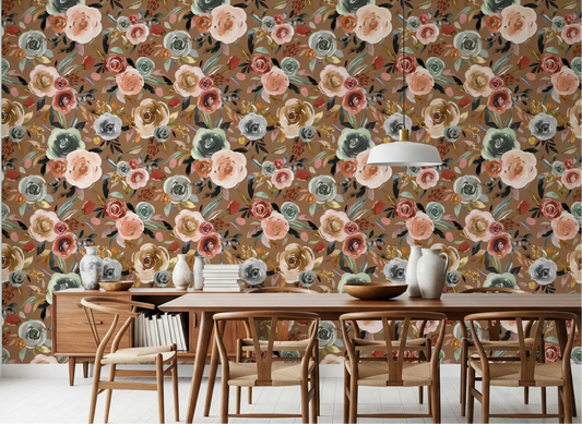 Dining room accent wall featuring the Earthy Bloom Medley pattern