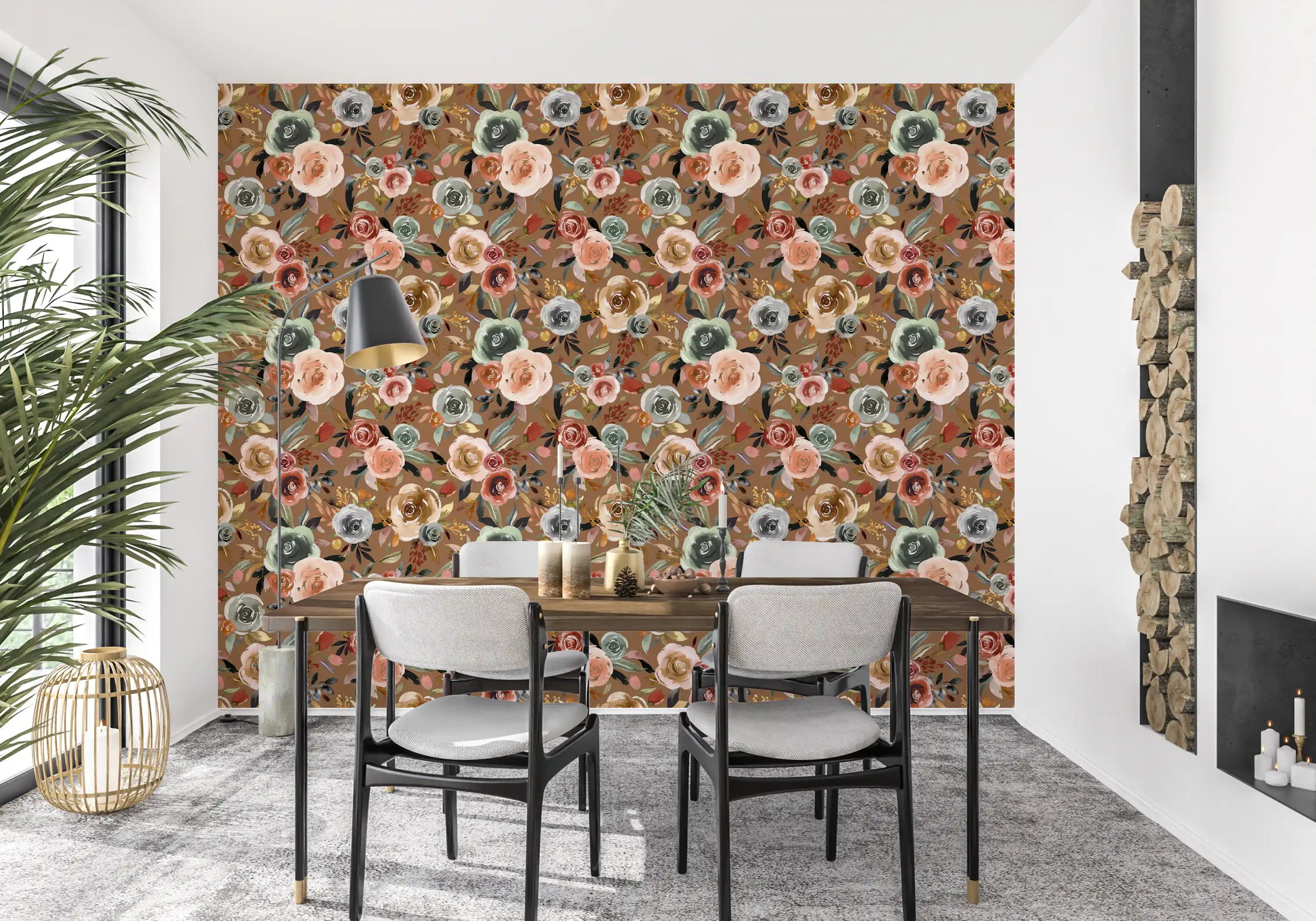 Earthy Bloom Medley Wallpaper with Burgundy and rust orange blooms in dining area., GD10510