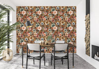 Earthy Bloom Medley Wallpaper with Burgundy and rust orange blooms in dining area., GD10510