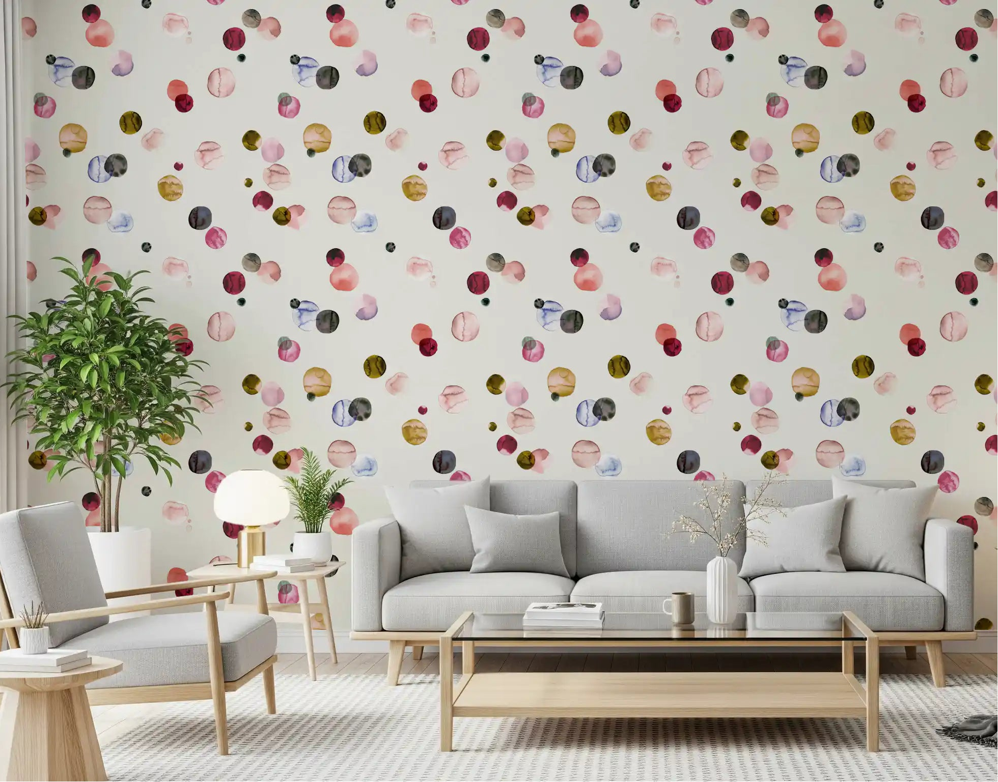 Living room wall covered in the Watercolor Dots Warm Minimalism wallpaper., GD10511