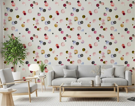 Living room wall covered in the Watercolor Dots Warm Minimalism wallpaper., GD10511