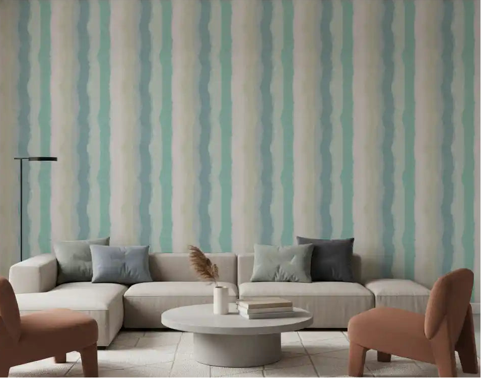 Living room wall with the Relax Watery Painted Stripes wallpaper in blue tone., GD10512