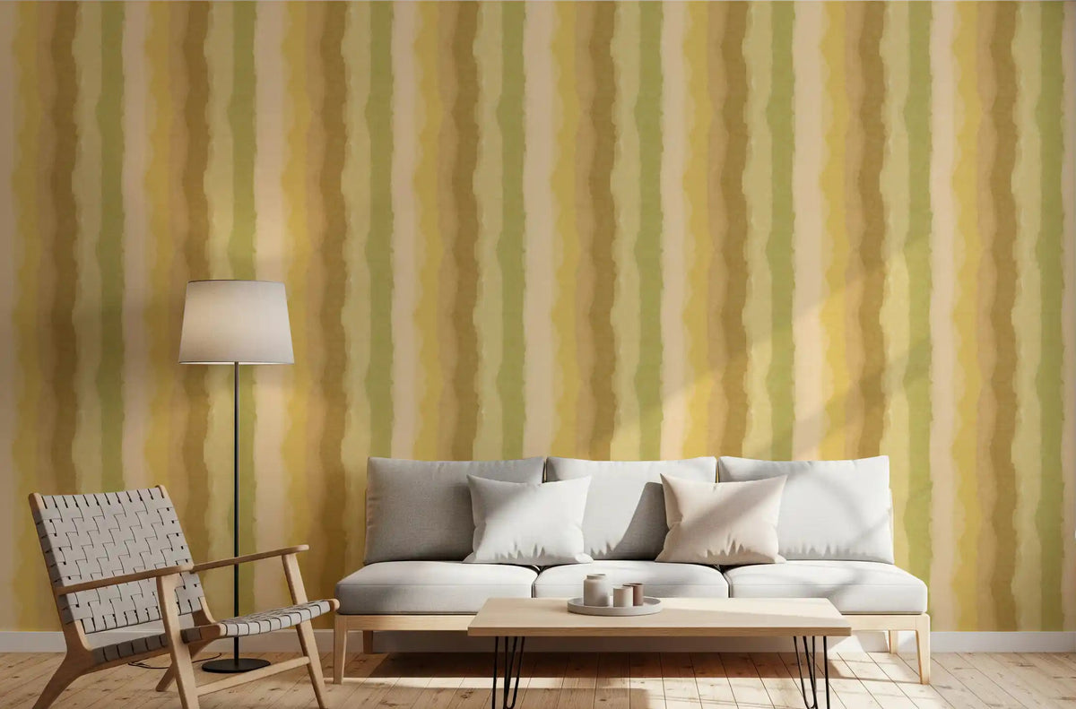 Living room feature wall with the Relax Greenery Painted Stripes wallpaper., GD10513