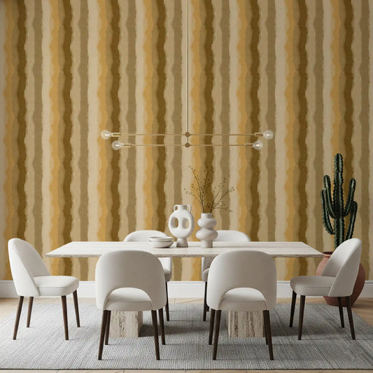 Dining room wall with the Relax Ocher Painted Stripes wallpaper.