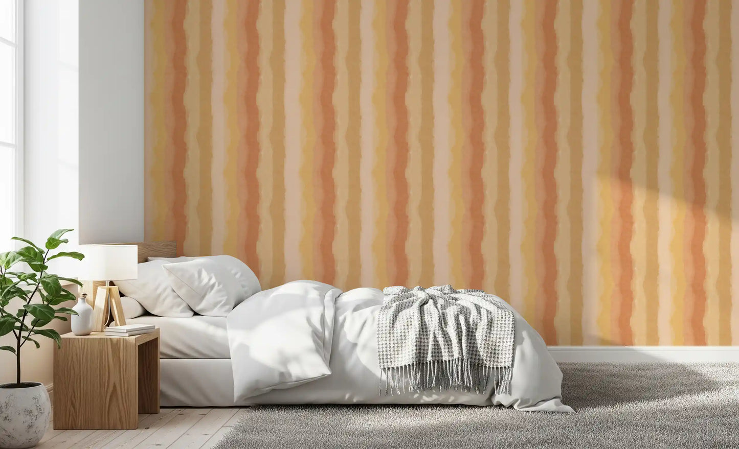 Bedroom wall covered in the Relax Sunny Painted Stripes wallpaper., GD10515