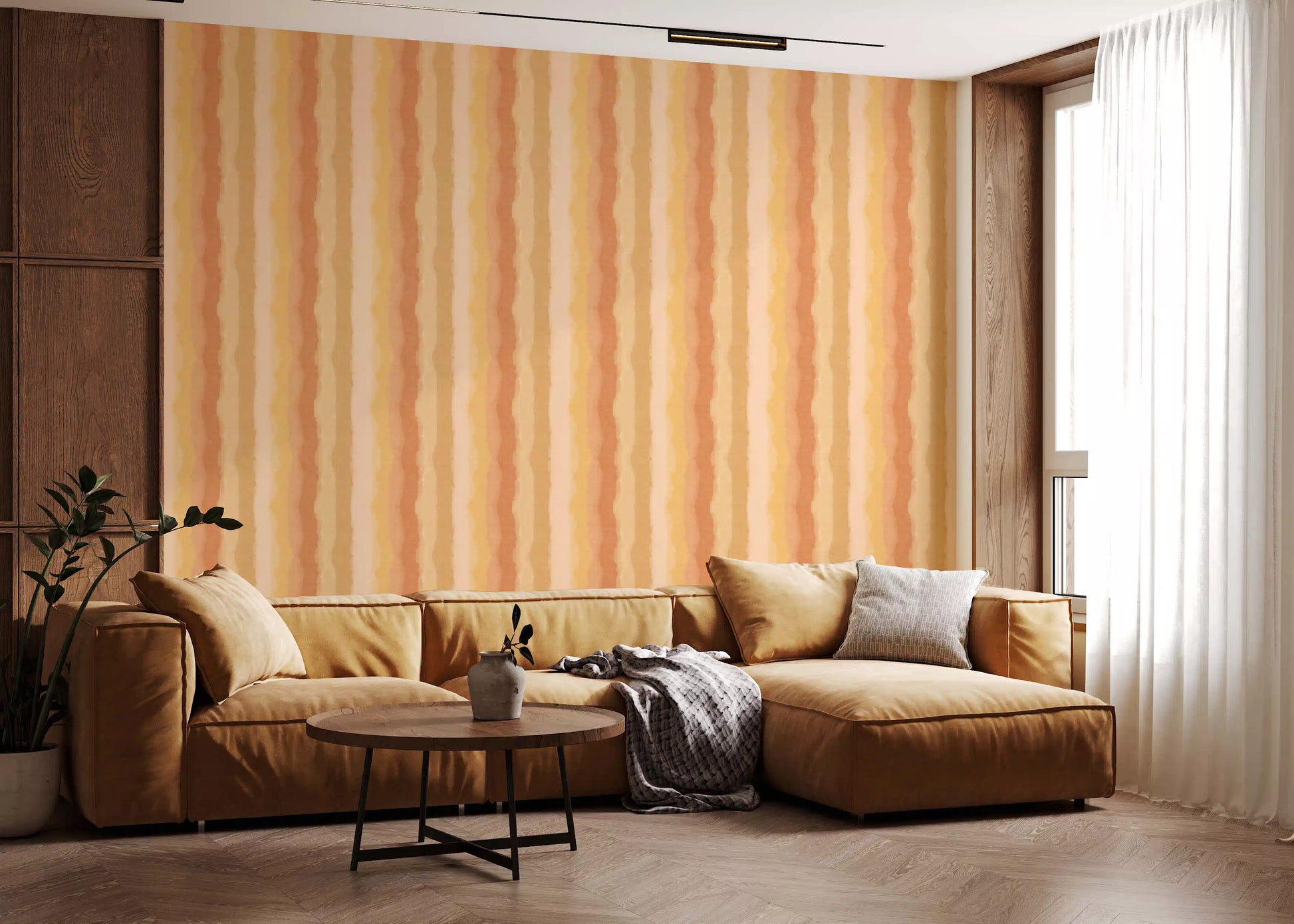 Linen-like grain wallpaper with  peach and terracotta watercolour stripes., GD10515