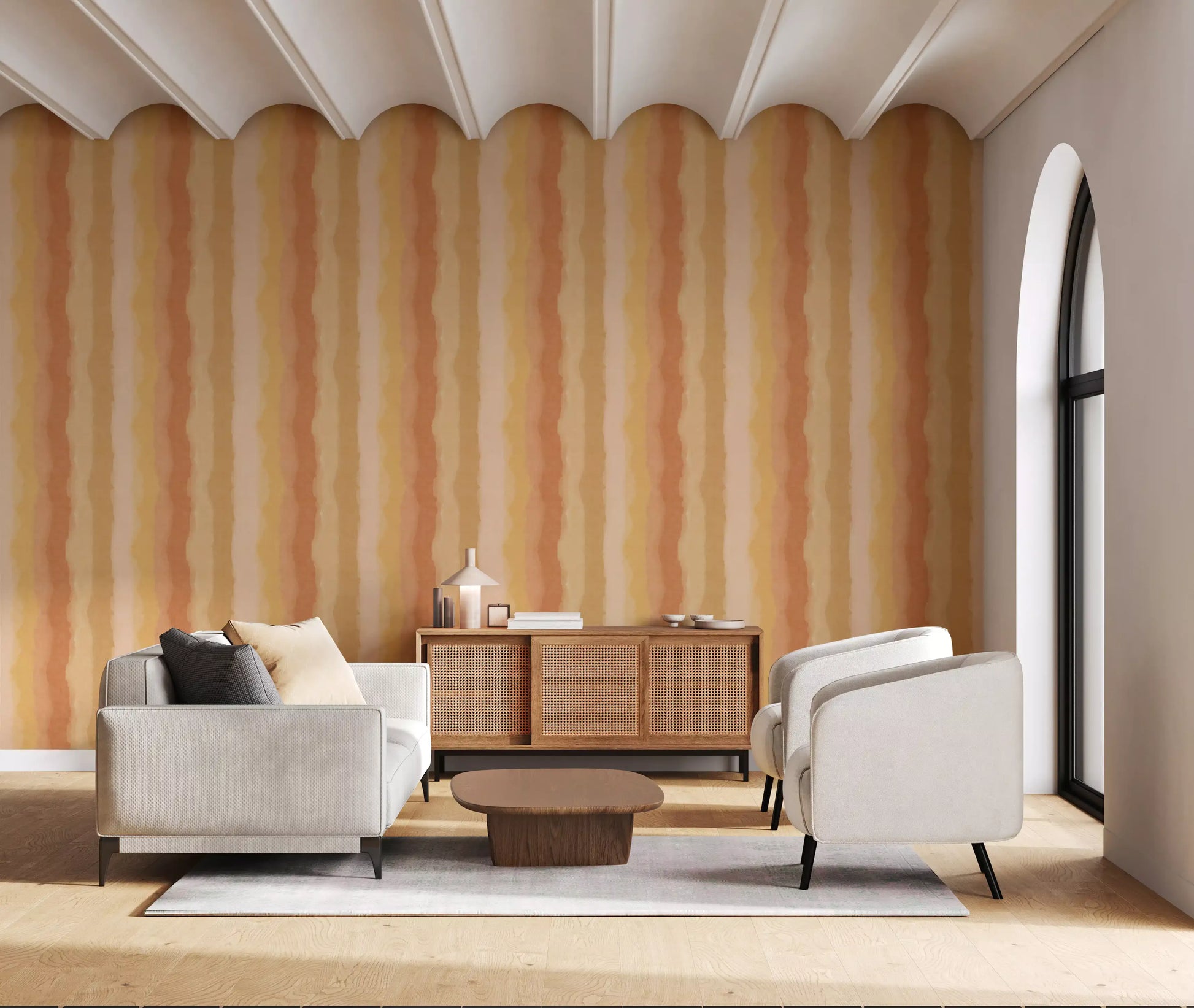Sunny Stripes wallpaper with Peach and golden yellow vertical bands., GD10515