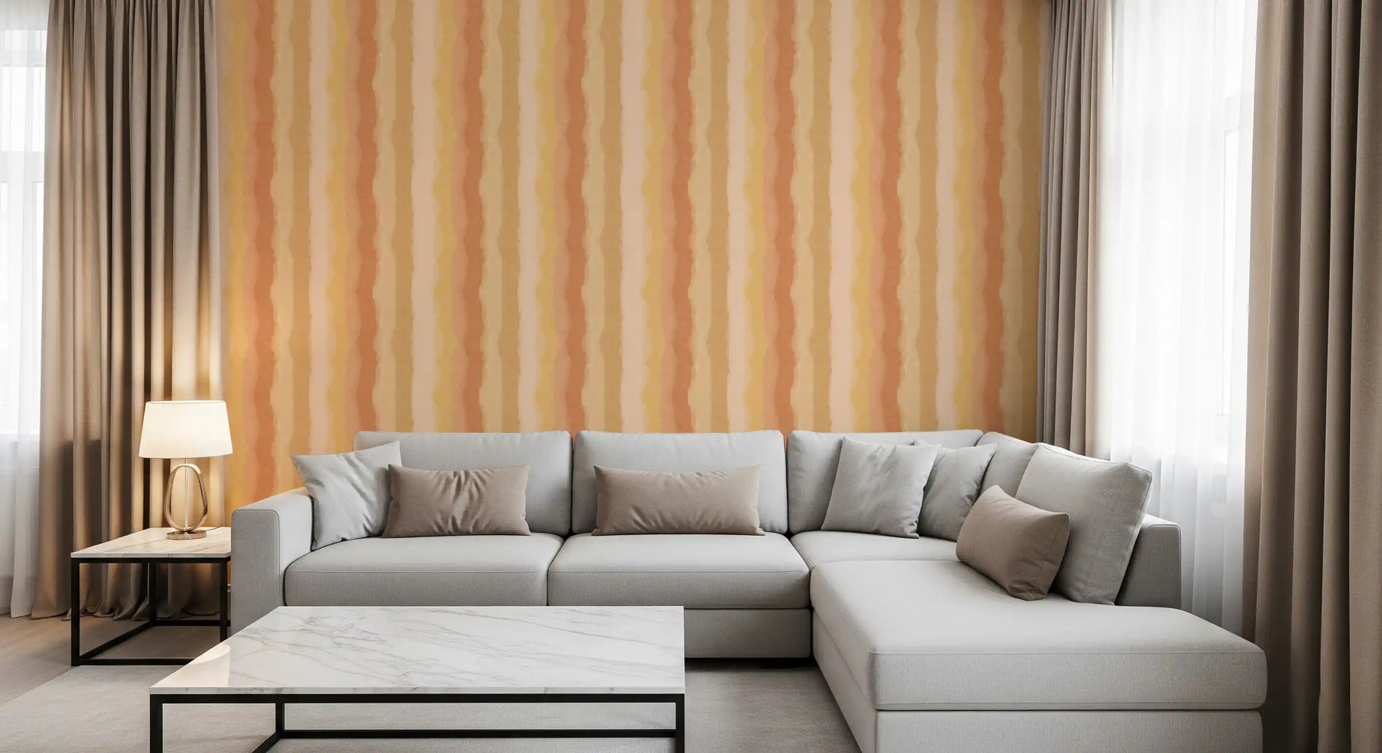 Warm terracotta tones blending into the peach watercolour stripe wallpaper., GD10515