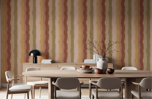 Dining room wall with the Relax Sunset Painted Stripes wallpaper.