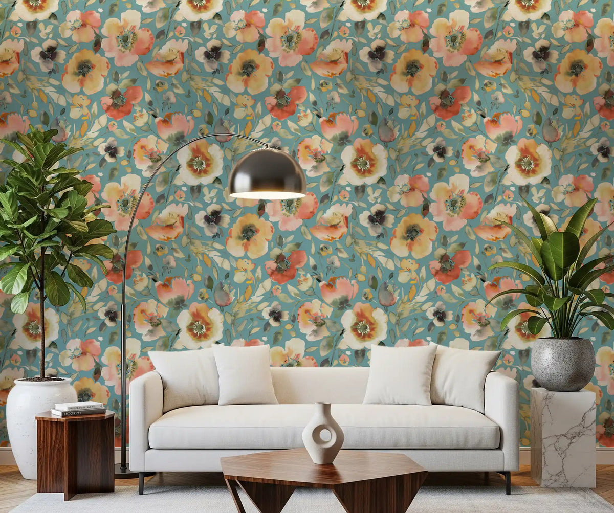 Soft watercolour floral blooms teal peach wallpaper in a living room., GD10525