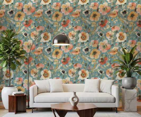 Soft watercolour floral blooms teal peach wallpaper in a living room.