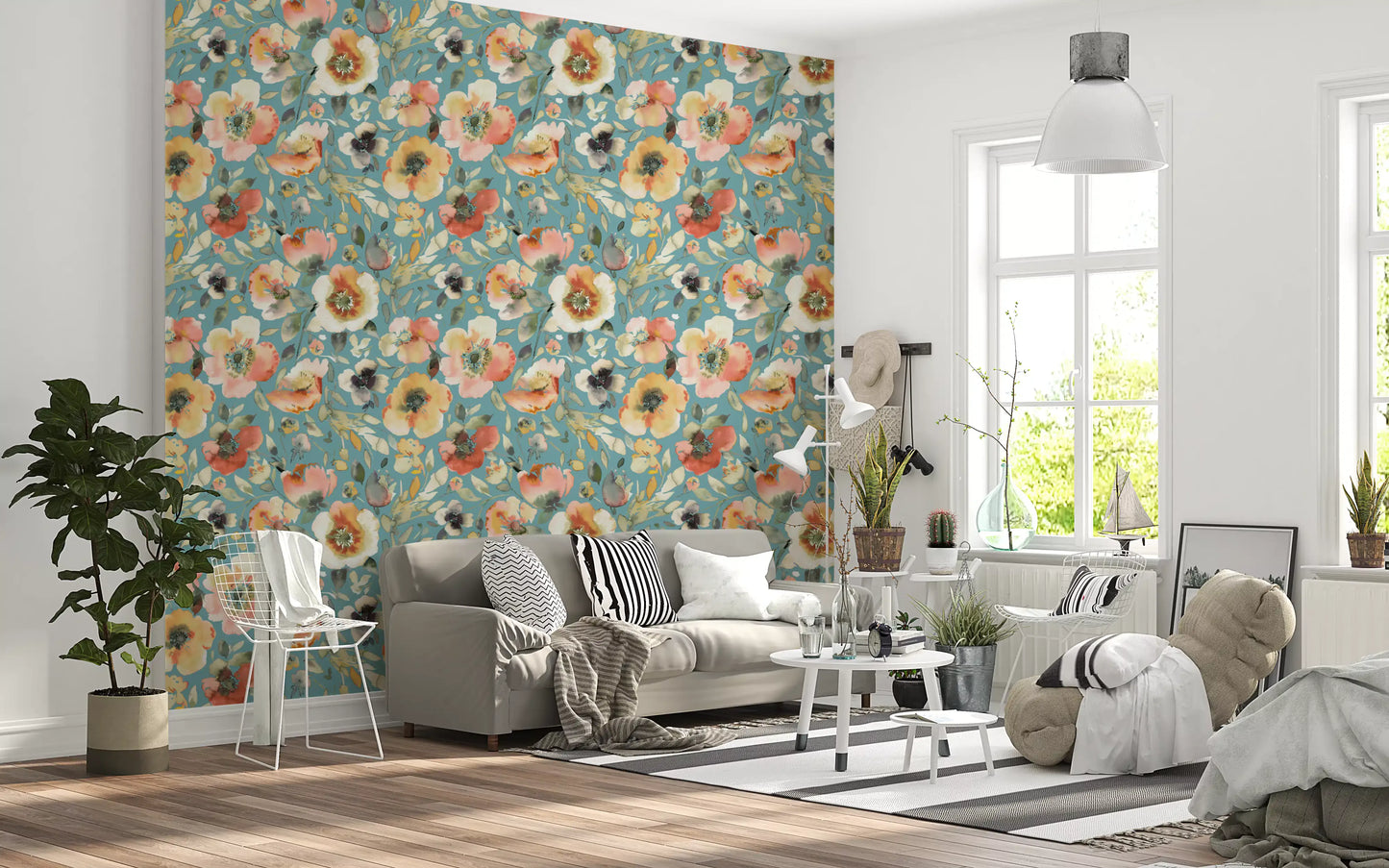 Soft Watercolor Floral Blooms Teal Peach Wallpaper⁠