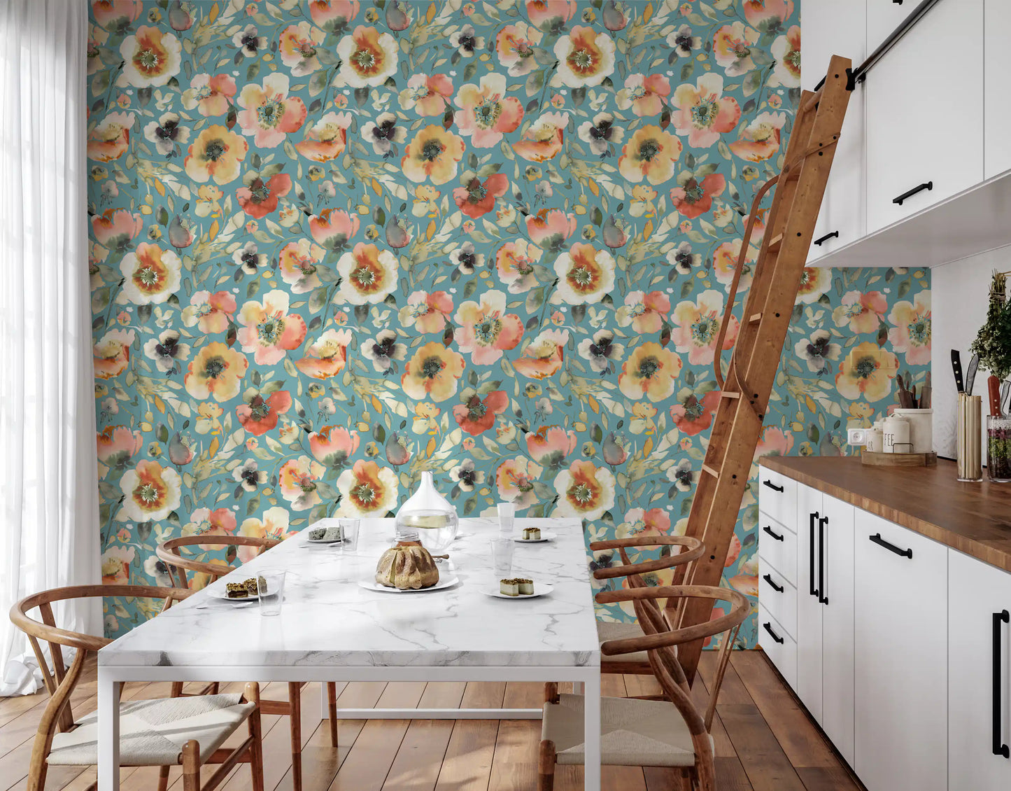 Soft Watercolor Floral Blooms Teal Peach Wallpaper⁠